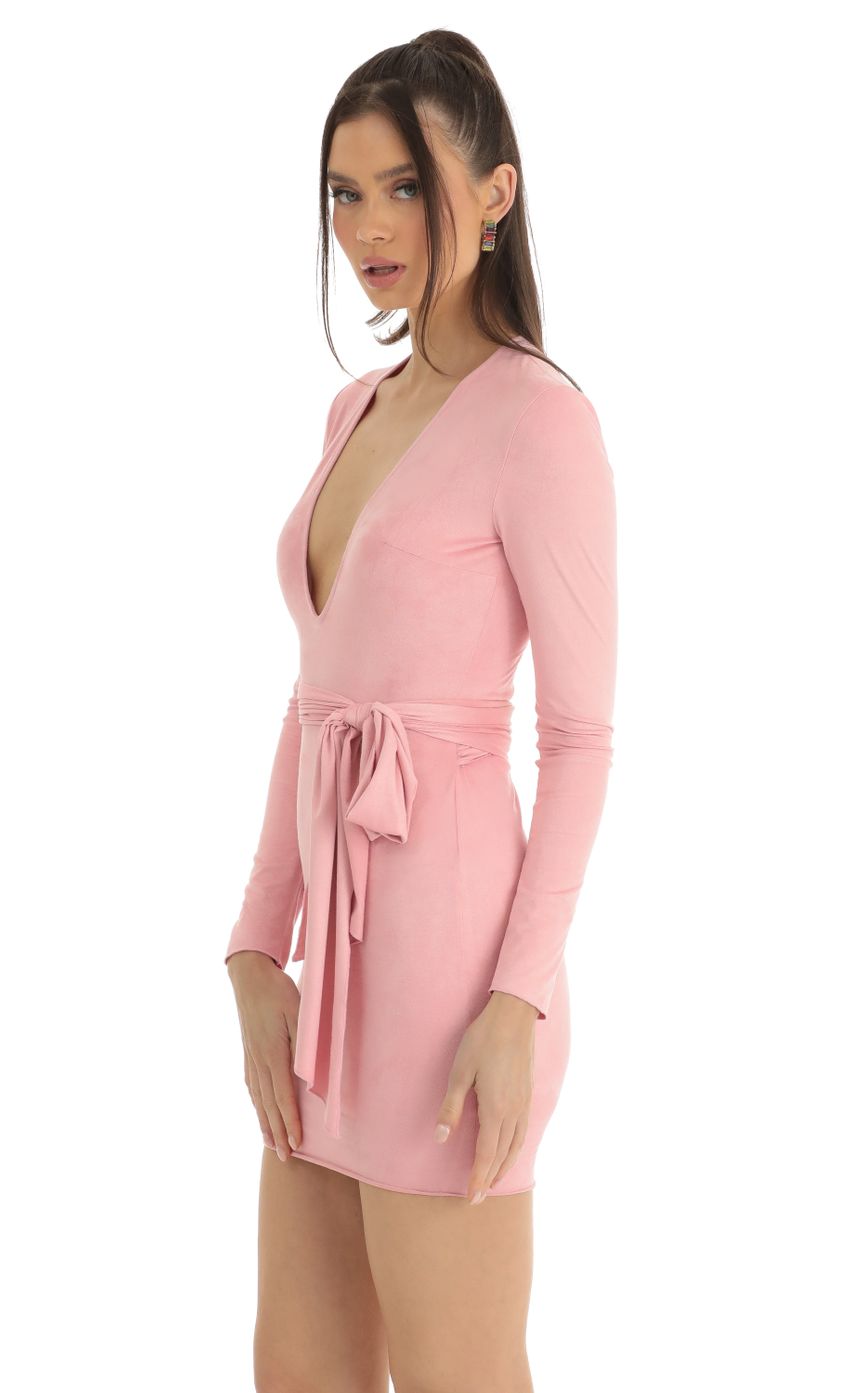Picture Noah Suede V-Neck Dress in Pink. Source: https://media.lucyinthesky.com/data/Jan23/850xAUTO/7ae2ccb6-bc96-4961-95c8-d3fc0181bb7f.jpg
