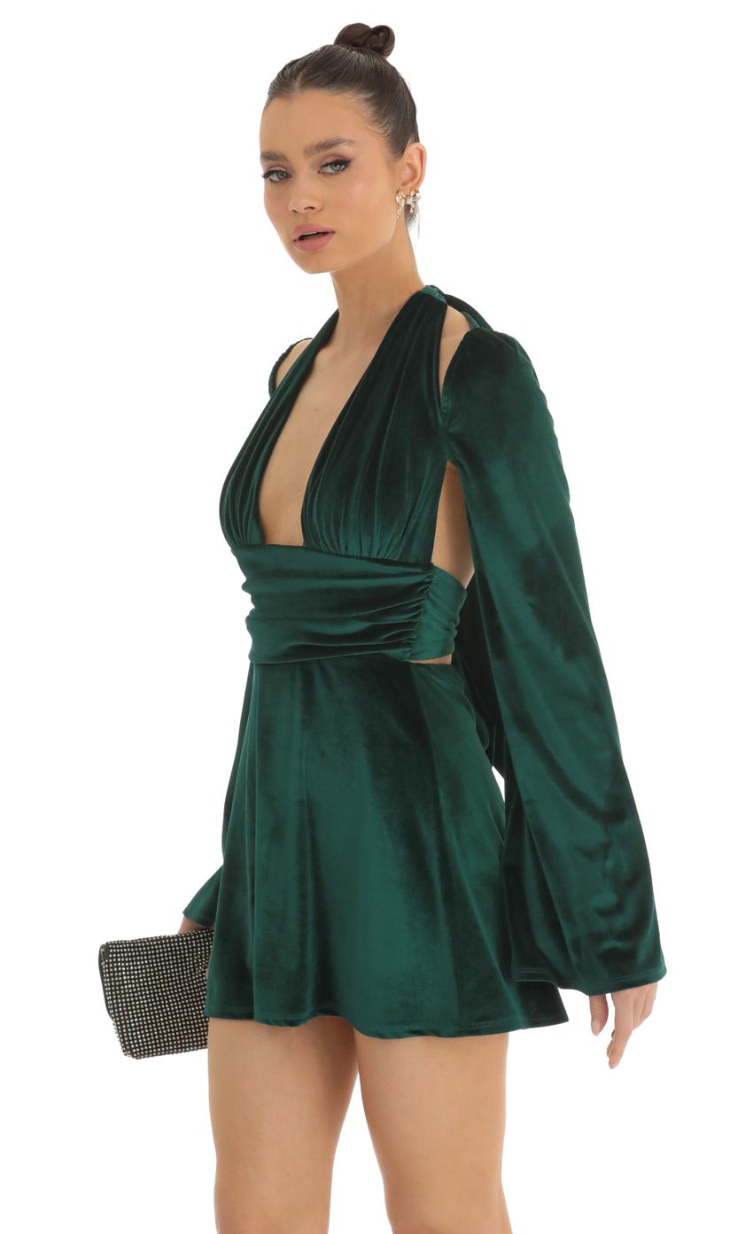 Picture Indya Velvet Cold Shoulder Plunge Dress in Dark Green. Source: https://media.lucyinthesky.com/data/Jan23/850xAUTO/7e4039ef-d848-4740-abac-2cacd6d797be.jpg