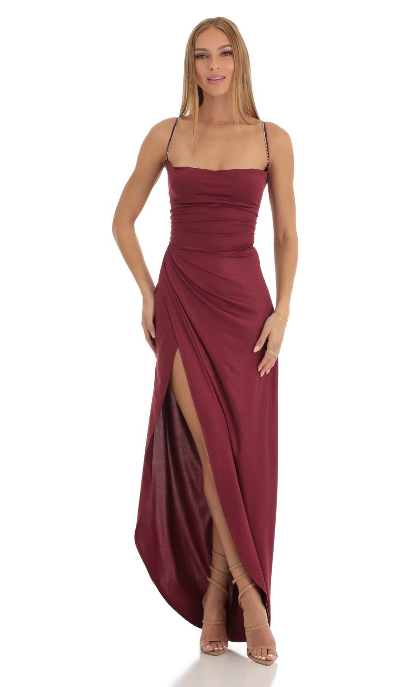 Picture Lovely Shimmer Asymmetrical Maxi Dress in Red. Source: https://media.lucyinthesky.com/data/Jan23/850xAUTO/7f645361-6a43-43de-80cb-98d6de36fadd.jpg