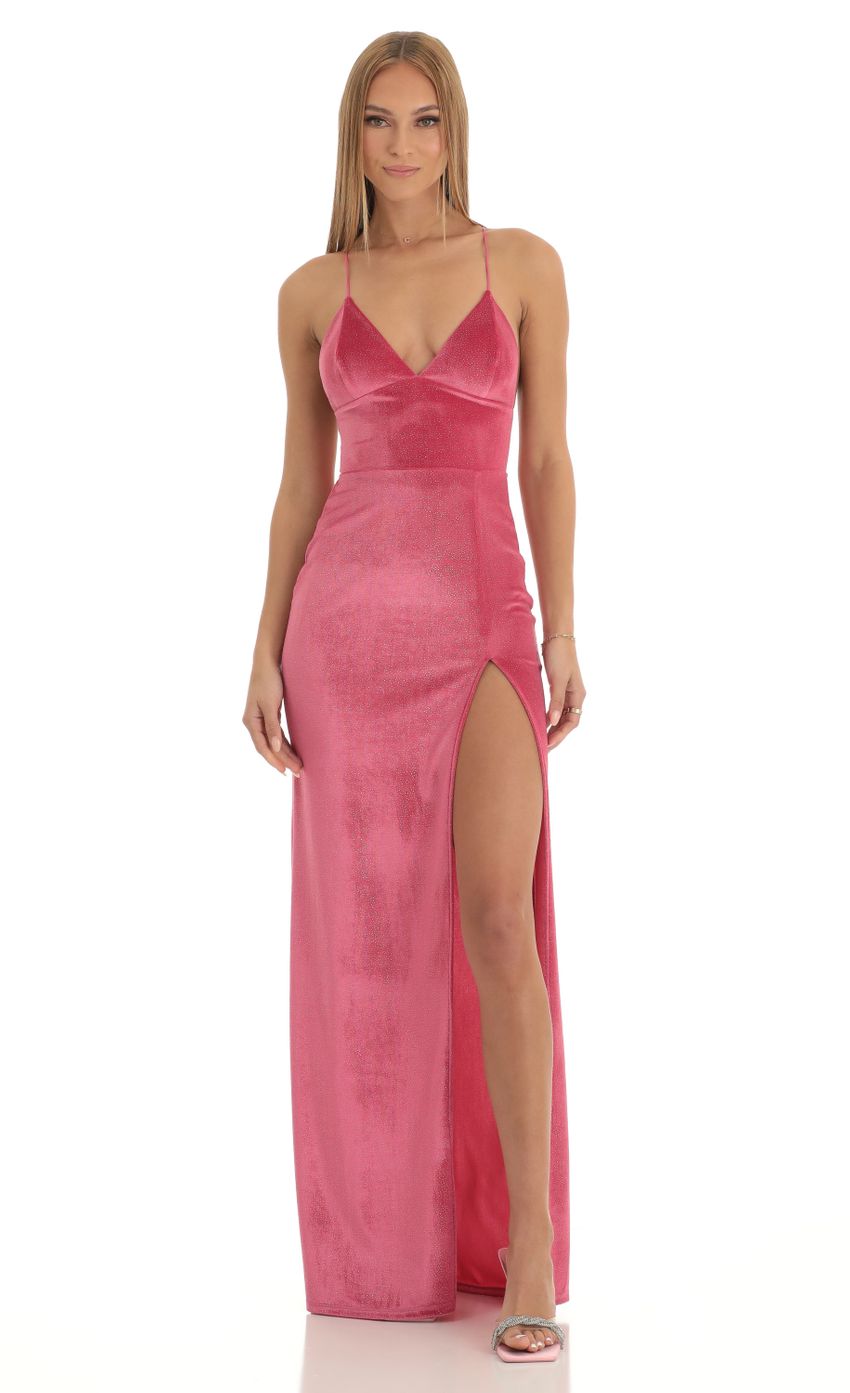 Picture Kimberly Velvet Glitter High Slit Maxi Dress in Hot Pink. Source: https://media.lucyinthesky.com/data/Jan23/850xAUTO/846f23d7-2ff8-4b9b-bba3-3920b3982bed.jpg