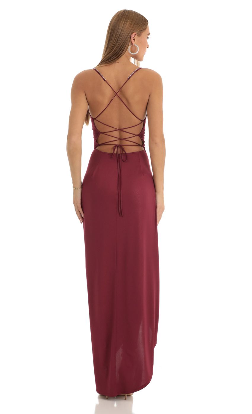 Lovely Shimmer Asymmetrical Maxi Dress in Red | LUCY IN THE SKY