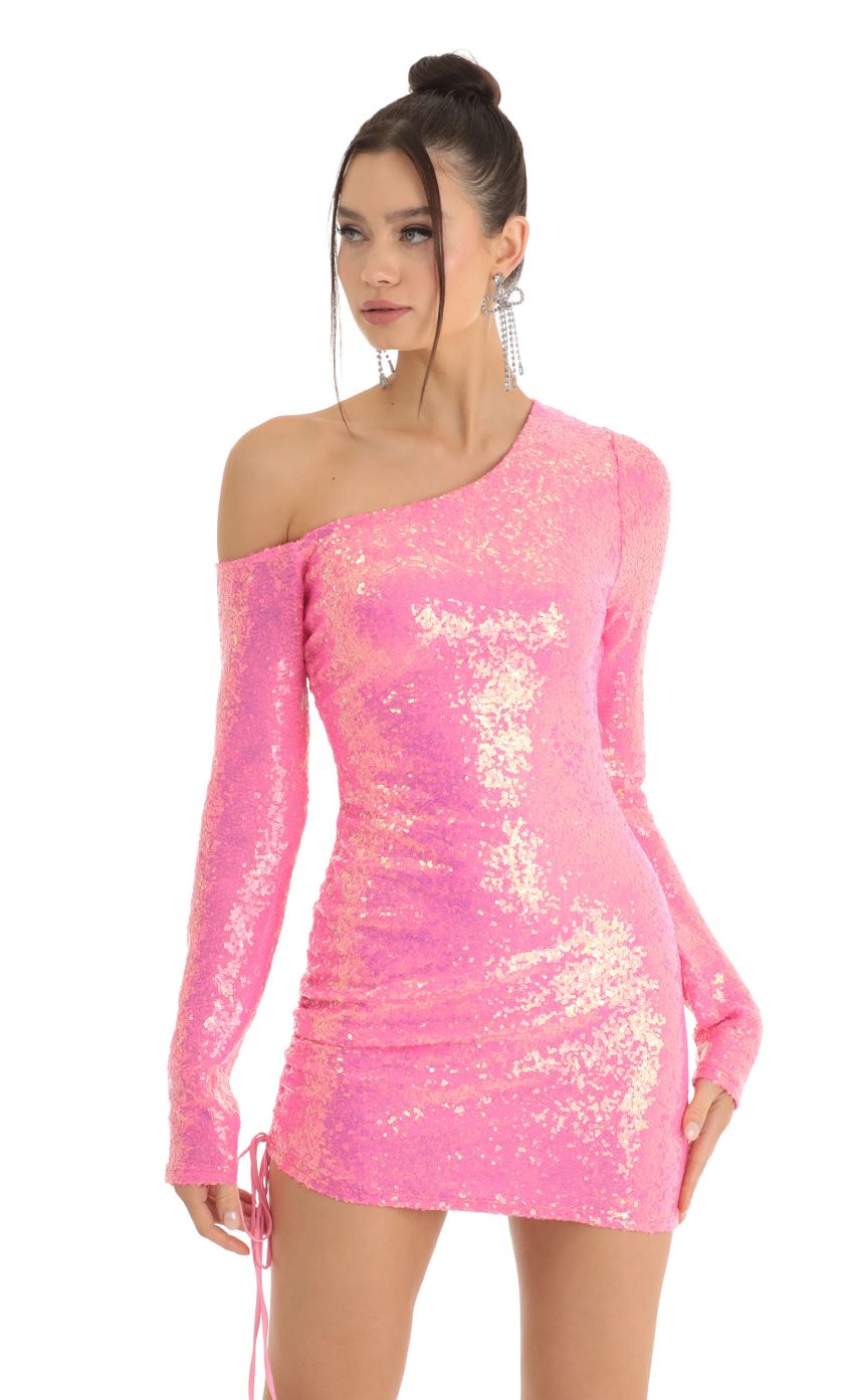 Picture Corin Sequin One Shoulder Dress in Pink. Source: https://media.lucyinthesky.com/data/Jan23/850xAUTO/90e1fb00-a900-4bde-b6df-5eb7824c0805.jpg
