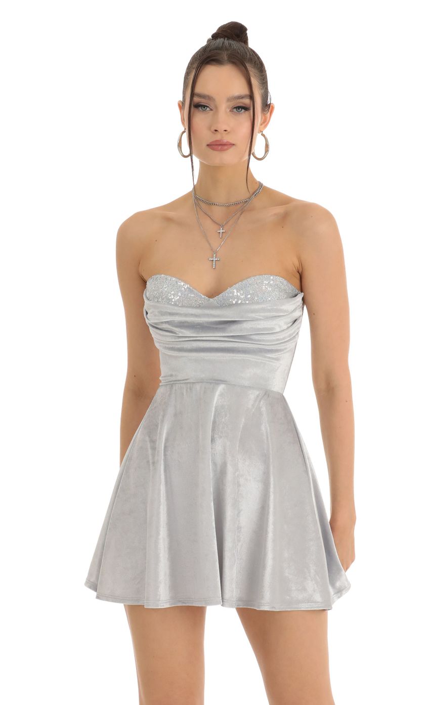 Picture Lorde Sequin Bust Velvet Flare Dress in Grey. Source: https://media.lucyinthesky.com/data/Jan23/850xAUTO/9e9bbae1-ec36-4f2d-9f4a-8d55ec97c14c.jpg