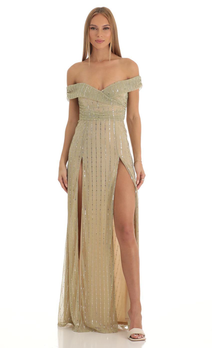 Picture Sena Sequin Striped Off The Shoulder Maxi Dress in Gold. Source: https://media.lucyinthesky.com/data/Jan23/850xAUTO/a2efa020-3ae9-4cd5-b793-82f8d2e9ee88.jpg