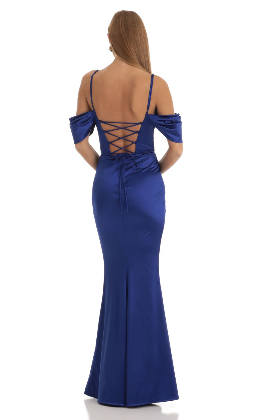 Picture Eris Ruched Satin Maxi Dress in Blue. Source: https://media.lucyinthesky.com/data/Jan23/850xAUTO/a45f72c4-370c-4a2a-be2f-1f08ce960fbe.jpg