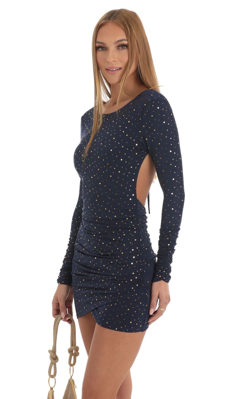 Picture Josie Gold Foil Open Back Dress in Navy. Source: https://media.lucyinthesky.com/data/Jan23/850xAUTO/b9852db8-3af2-436c-9c82-3303e2ed4e73.jpg