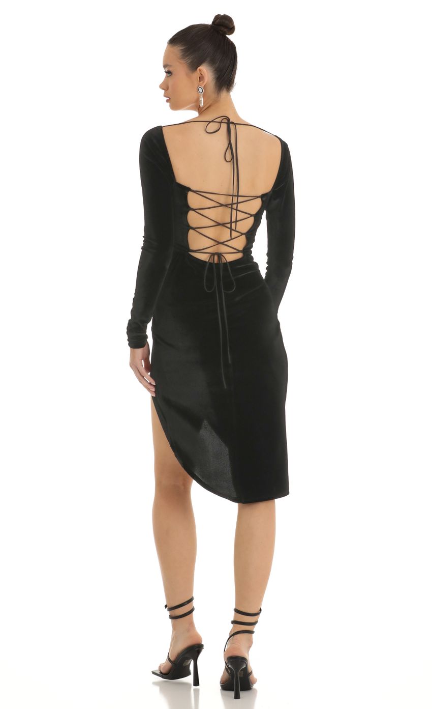 Picture Aziza Velvet Ruched Midi Dress in Black. Source: https://media.lucyinthesky.com/data/Jan23/850xAUTO/d1b586d2-5ea9-4b5d-93a5-08006dfdf28e.jpg