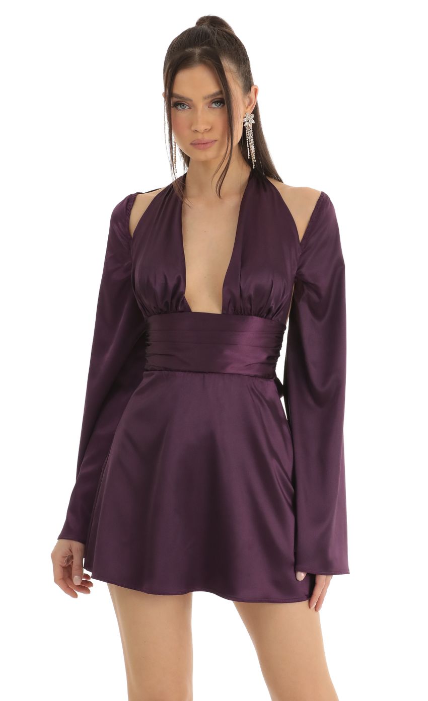 Picture Indya Satin Cold Shoulder Plunge Dress in Purple. Source: https://media.lucyinthesky.com/data/Jan23/850xAUTO/d538f31f-e4d4-4214-99a5-a3a3d108dd4b.jpg
