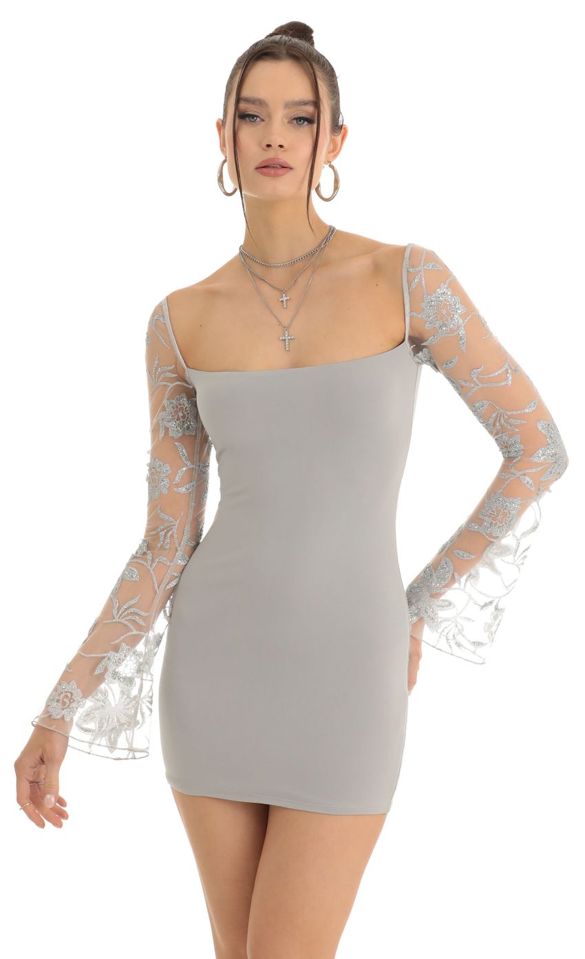 Picture Floral Glitter Long Sleeve Bodycon Dress in Grey. Source: https://media.lucyinthesky.com/data/Jan23/850xAUTO/e6515701-5b20-40a3-a745-70365dba85a6.jpg