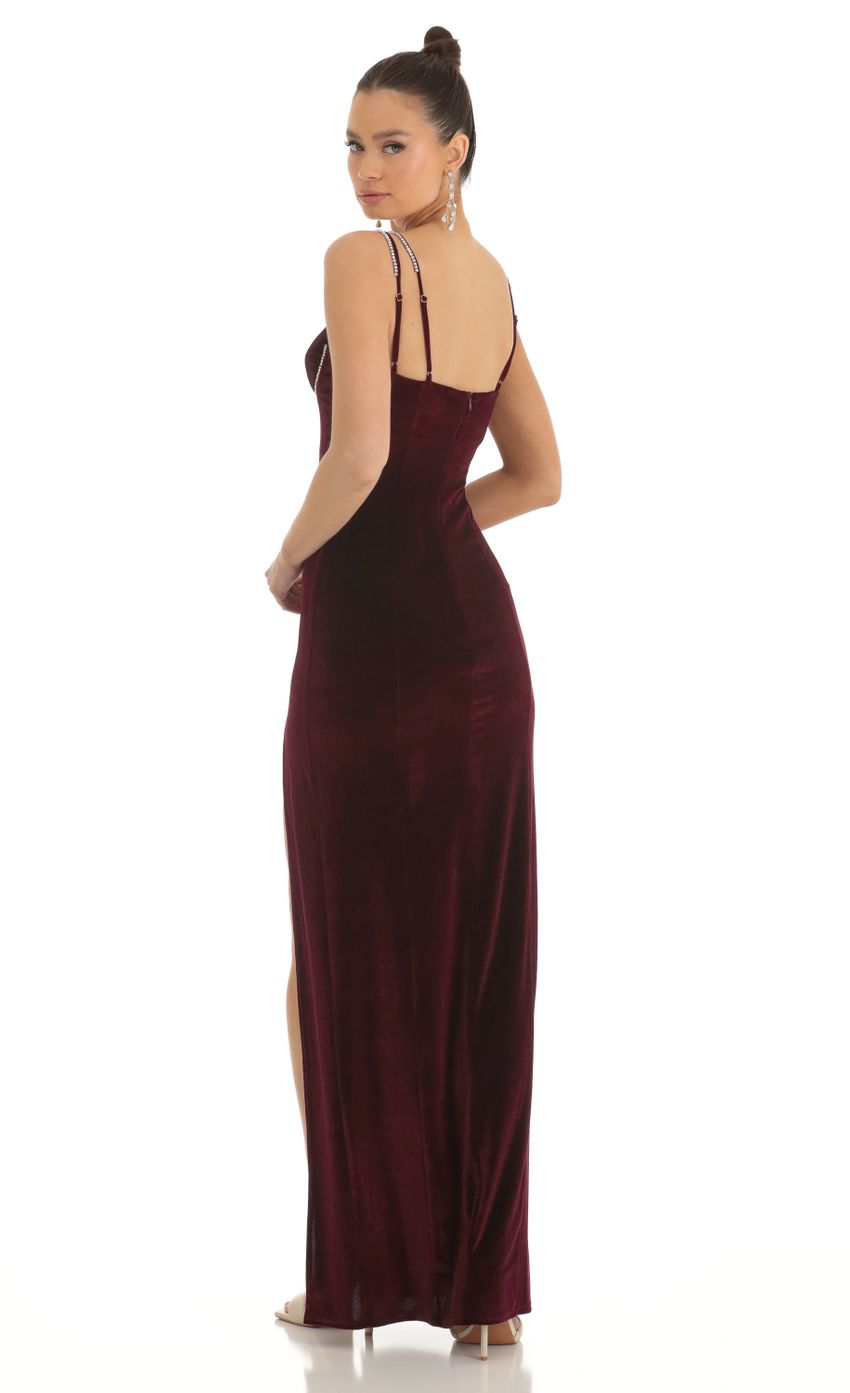 Picture Telsa Rhinestone Bust Velvet Maxi Dress in Dark Red. Source: https://media.lucyinthesky.com/data/Jan23/850xAUTO/f4dc9079-b99c-4cad-9660-c52ca43f1d9b.jpg