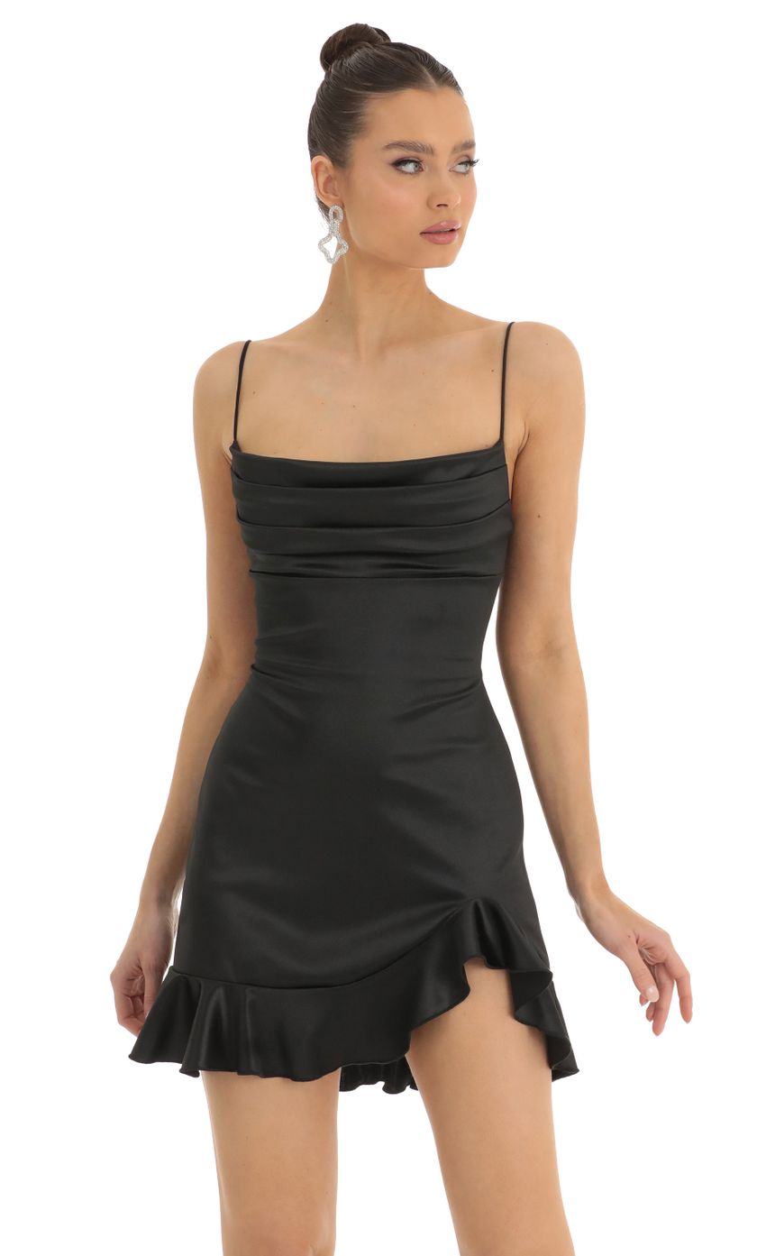Picture Kailani Satin Pleated Ruffled Slit Dress in Black. Source: https://media.lucyinthesky.com/data/Jan23/850xAUTO/fe69ce8f-30cb-4ea6-a5fb-b698a46d7e7a.jpg
