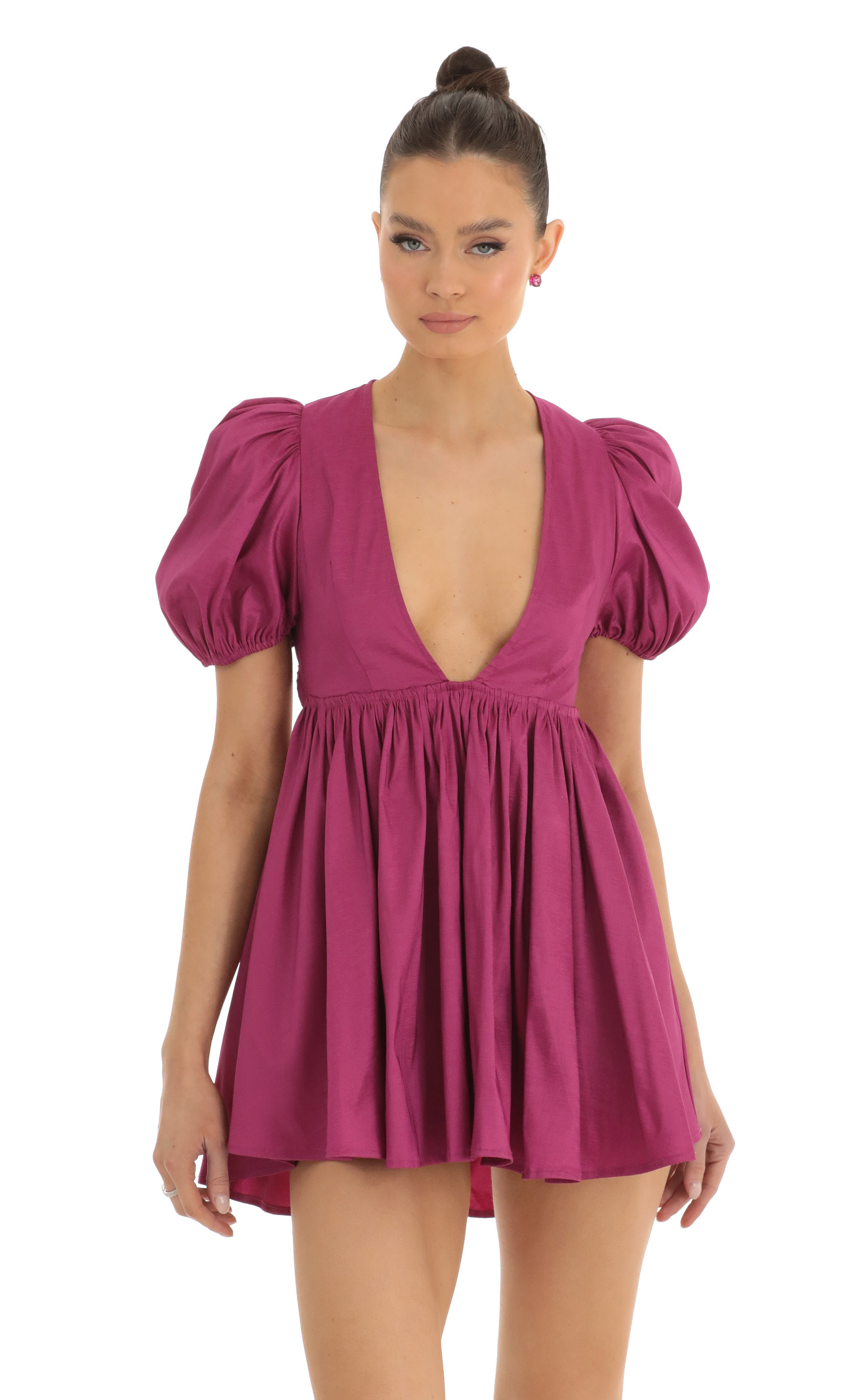 Devina Plunge Puff Sleeve Dress in Pink