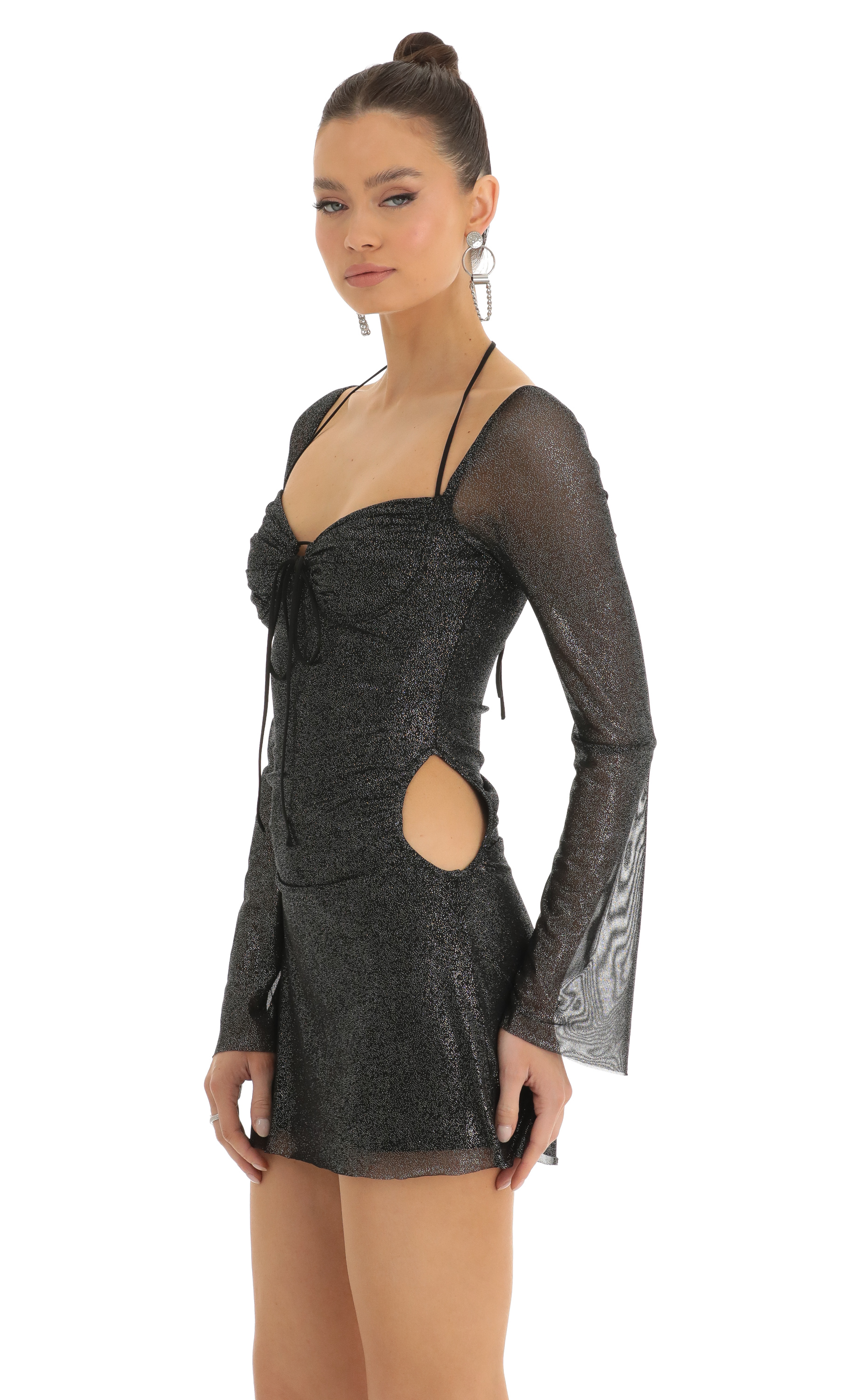 Yuna Glitter Mesh Cutout Dress in Black