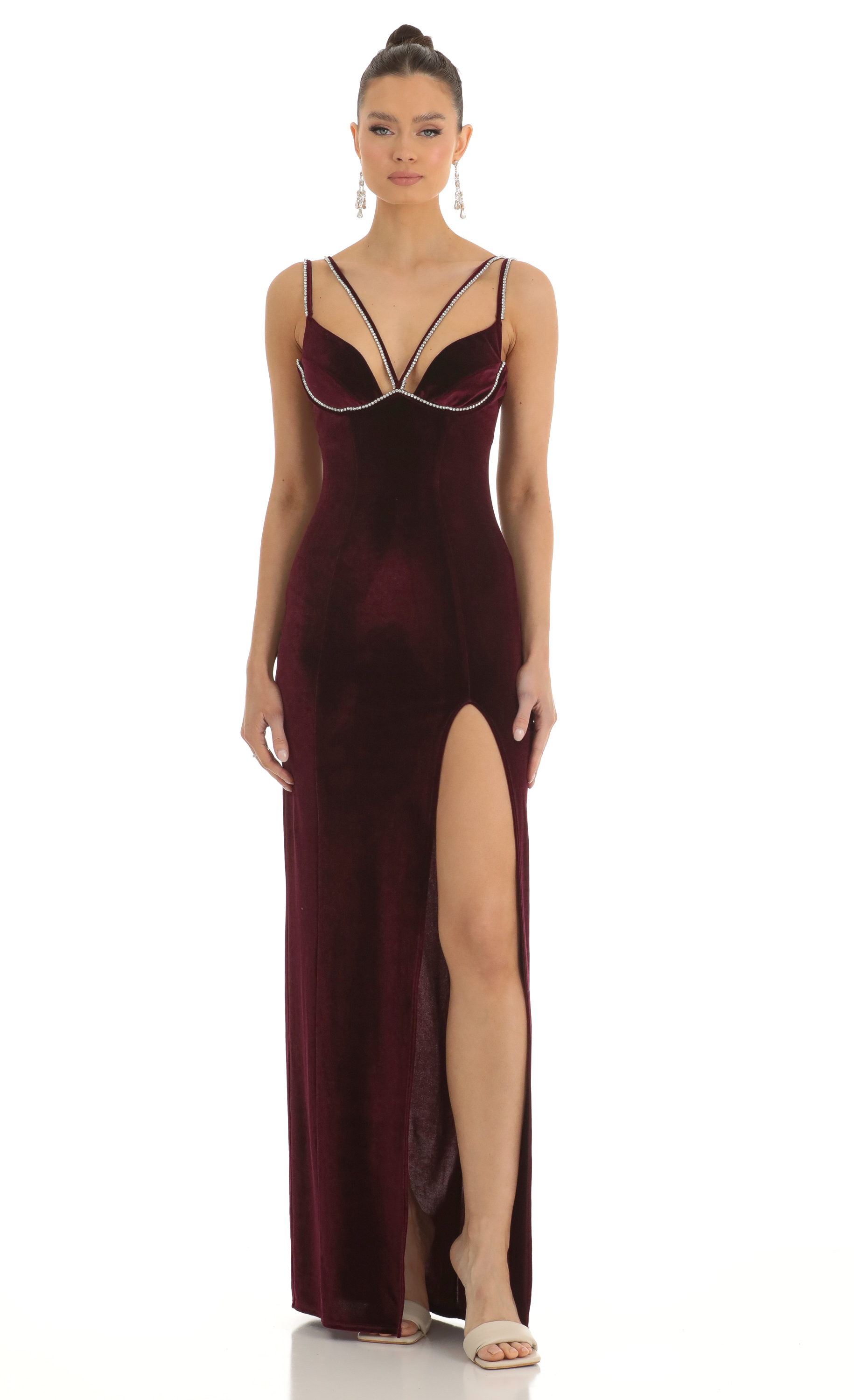 Telsa Rhinestone Bust Velvet Maxi Dress in Dark Red