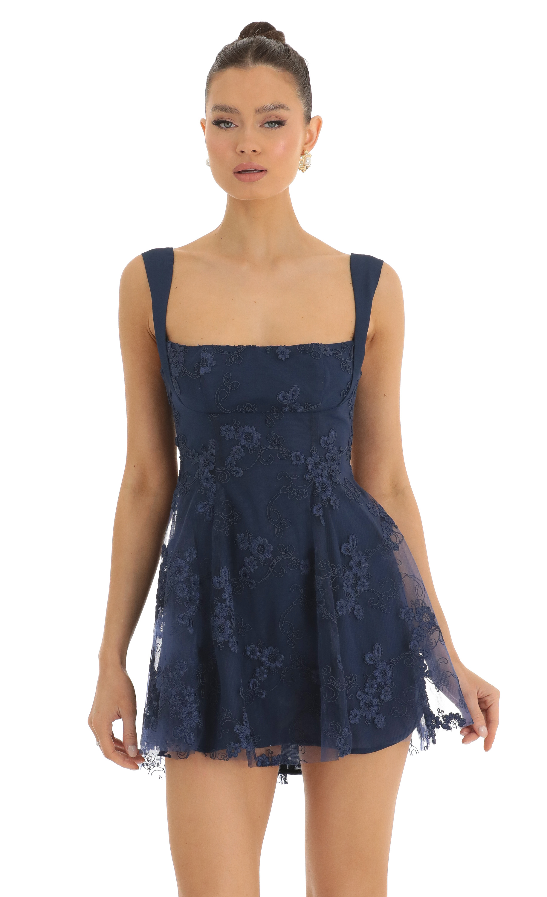 Foxie Floral Mesh Dress in Dark Blue