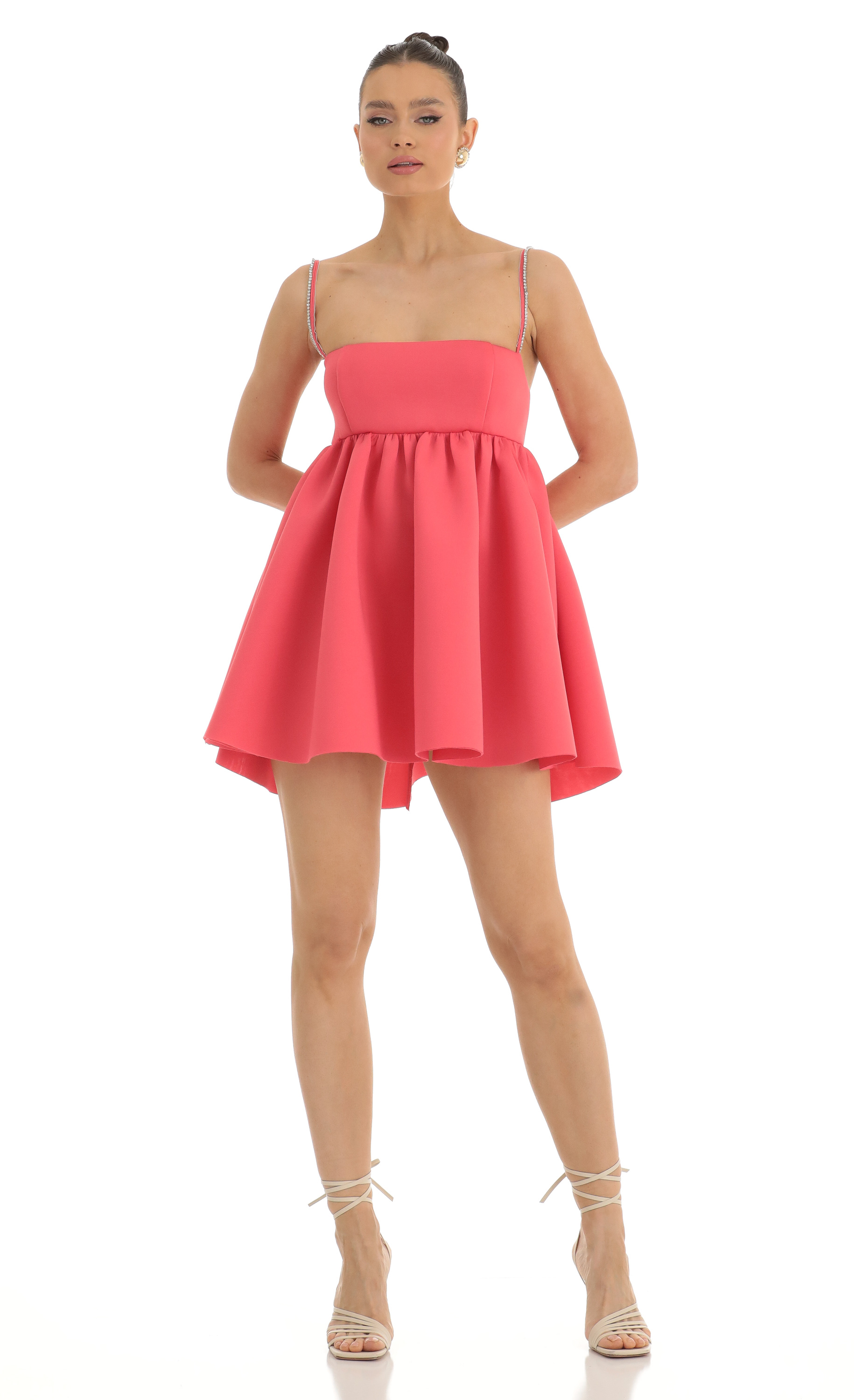 Coco Rhinestone Strap Baby Doll Dress in Pink