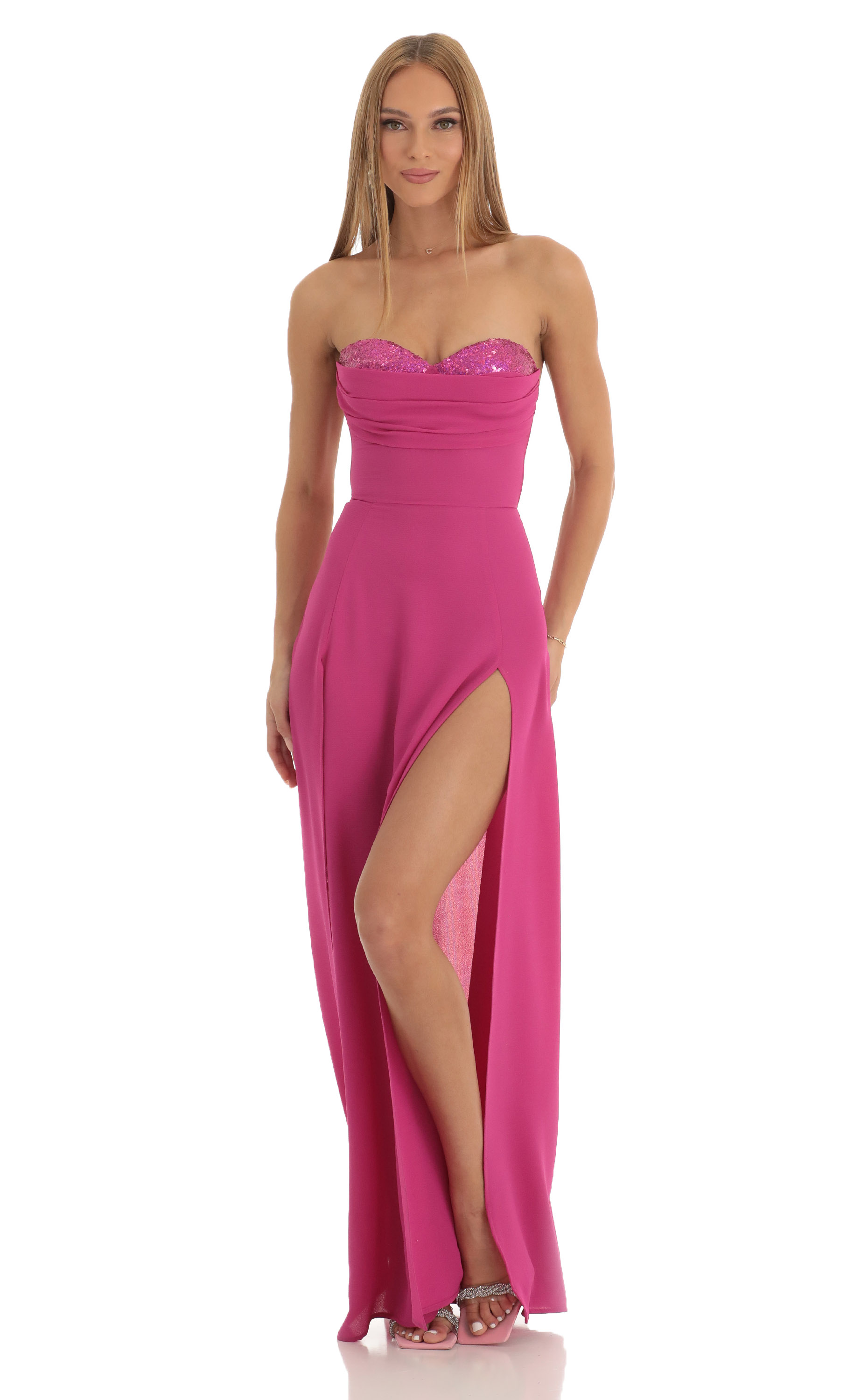 Julissa Sequin Bust Crepe Maxi Dress in Hot Pink