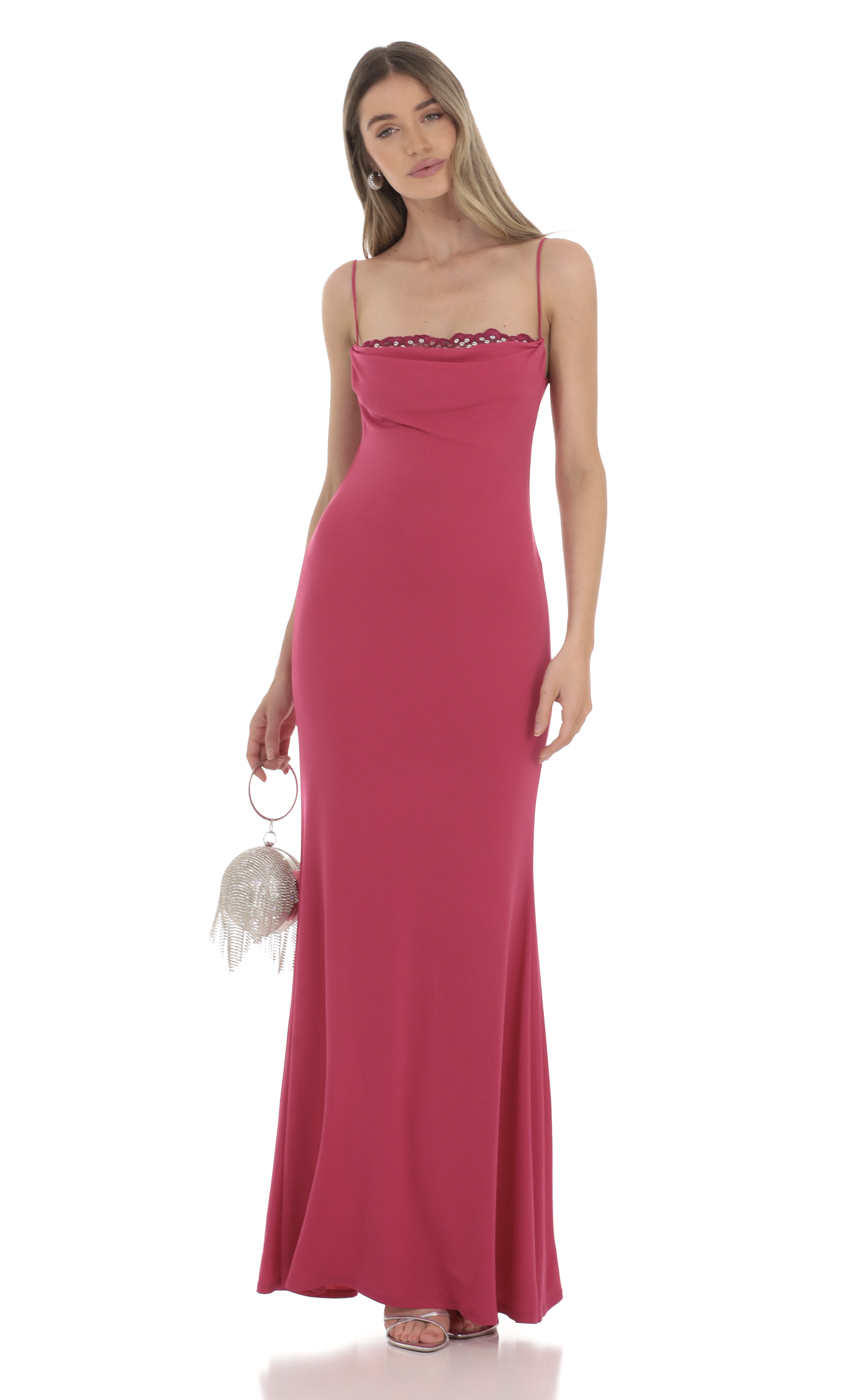 Lace Cowl Neck Maxi Dress in Magenta
