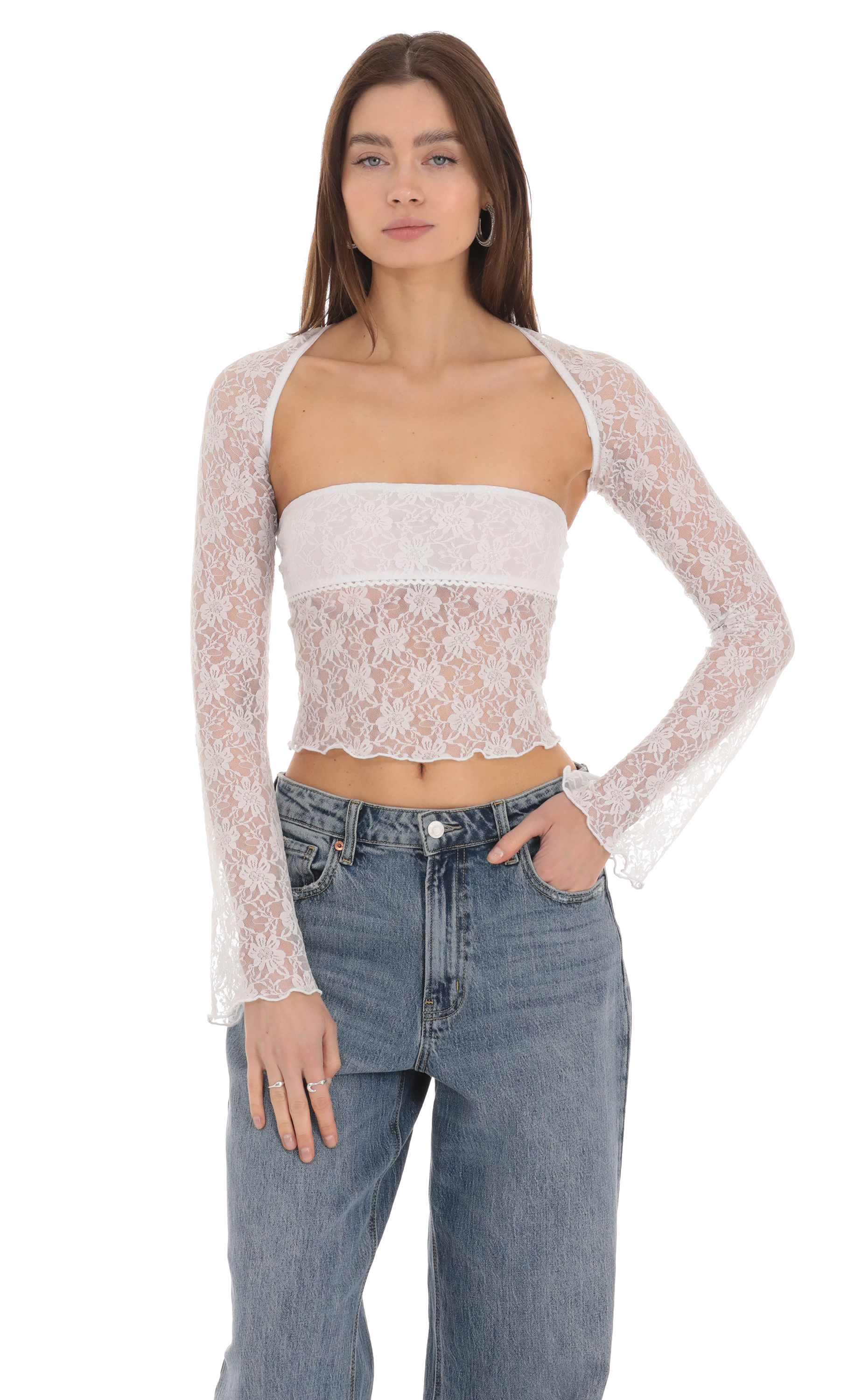 Two Piece Lace Top Set in White