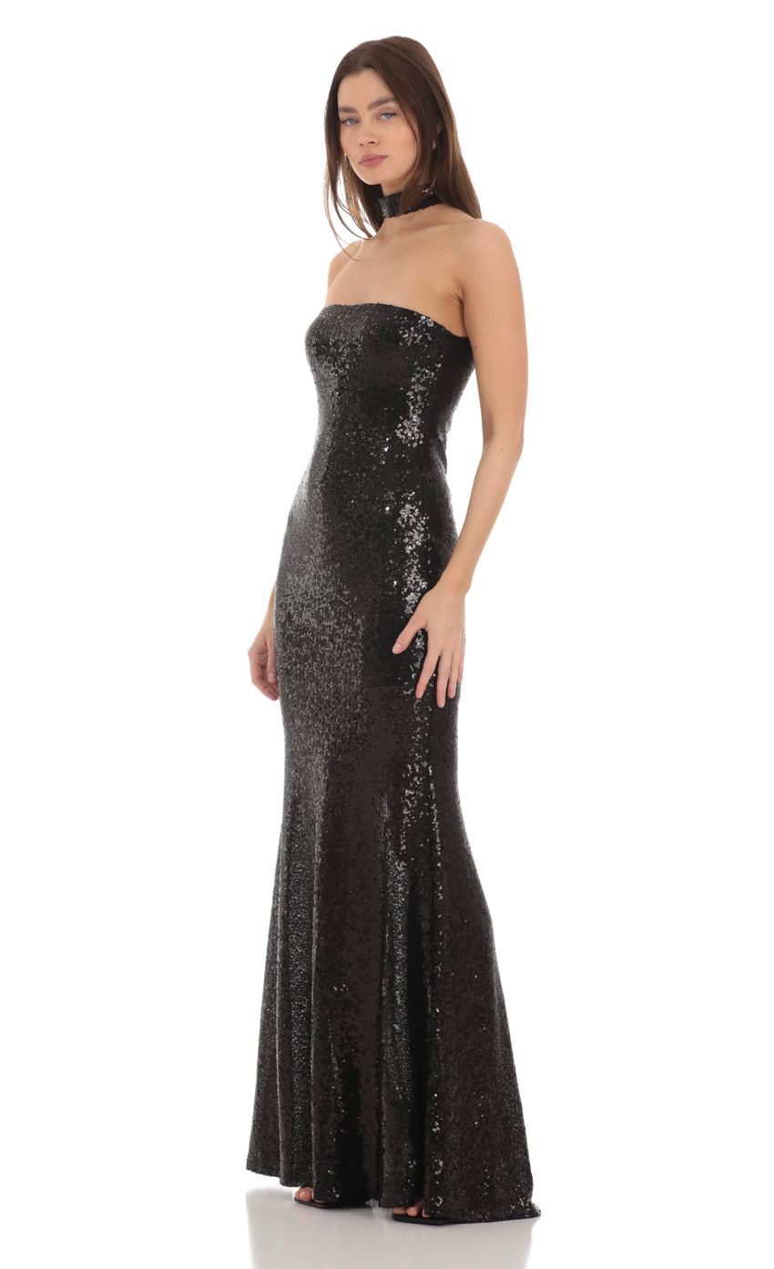 Sequin Reverse Halter Maxi Dress in Black | LUCY IN THE SKY