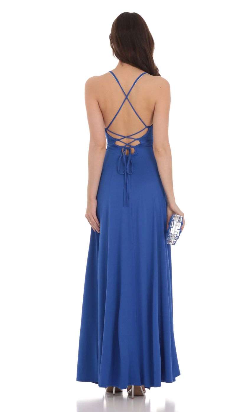 Rhinestone Slit Maxi Dress in Blue | LUCY IN THE SKY