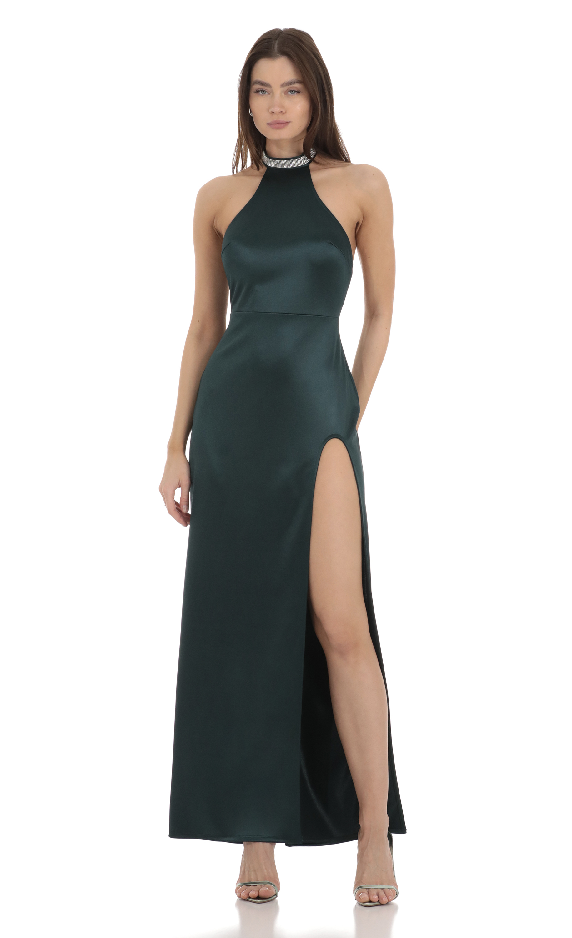 Lucy in The Sky ISA Satin Luxe Rhinestone Strap Maxi Dress in Black
