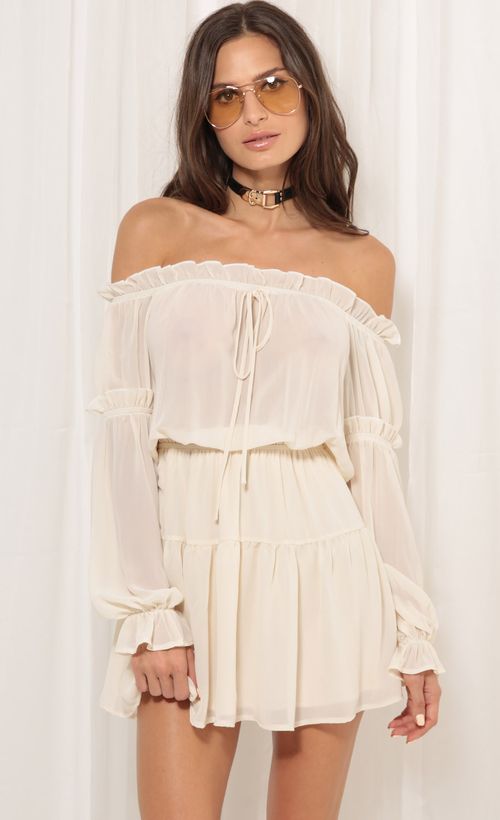 Picture Wild Thoughts Off the Shoulder Dress in Ivory. Source: https://media.lucyinthesky.com/data/Jul17_2/500xAUTO/0Y5A1579.JPG