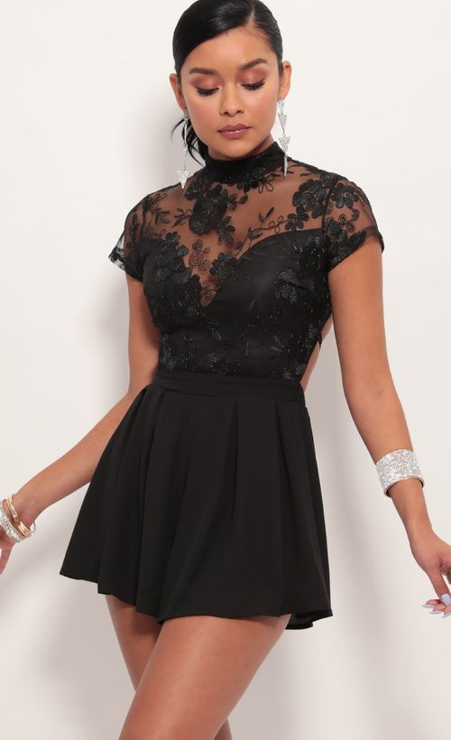 Picture Heiress Floral Lace Romper in Black. Source: https://media.lucyinthesky.com/data/Jul19_1/500xAUTO/781A8395.JPG