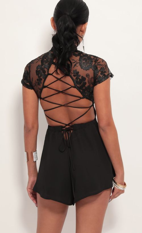 Picture Heiress Floral Lace Romper in Black. Source: https://media.lucyinthesky.com/data/Jul19_1/500xAUTO/781A8430.JPG