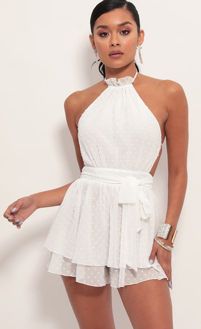 Picture Brielle Halter Chiffon Romper in Ivory Dots. Source: https://media.lucyinthesky.com/data/Jul19_1/800xAUTO/781A7663.JPG