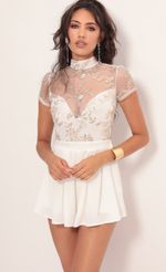 Picture Heiress Floral Lace Romper in Ivory Gold. Source: https://media.lucyinthesky.com/data/Jul19_2/150xAUTO/781A1626.JPG