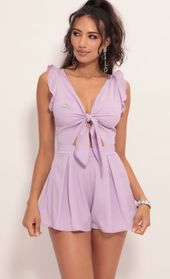 Picture thumb Blair Front Tie Romper in Lilac. Source: https://media.lucyinthesky.com/data/Jul19_2/170xAUTO/781A0242.JPG