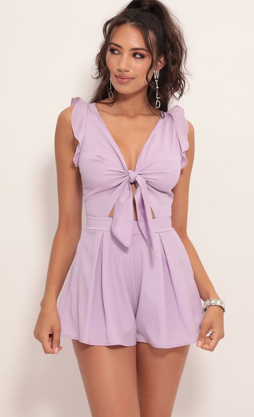 Picture Blair Front Tie Romper in Lilac. Source: https://media.lucyinthesky.com/data/Jul19_2/500xAUTO/781A0242.JPG