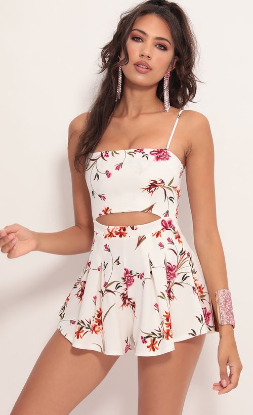Picture Juliana Cutout Romper in White Floral. Source: https://media.lucyinthesky.com/data/Jul19_2/500xAUTO/781A0882.JPG