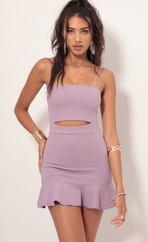 Picture Reilly Cutout Ruffle Dress in Lavender. Source: https://media.lucyinthesky.com/data/Jul19_2/500xAUTO/781A2848.JPG