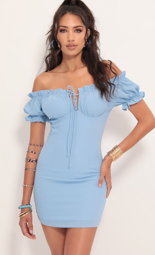 Picture Mallory Puff Sleeve Dress in Blue. Source: https://media.lucyinthesky.com/data/Jul19_2/500xAUTO/781A9095.JPG