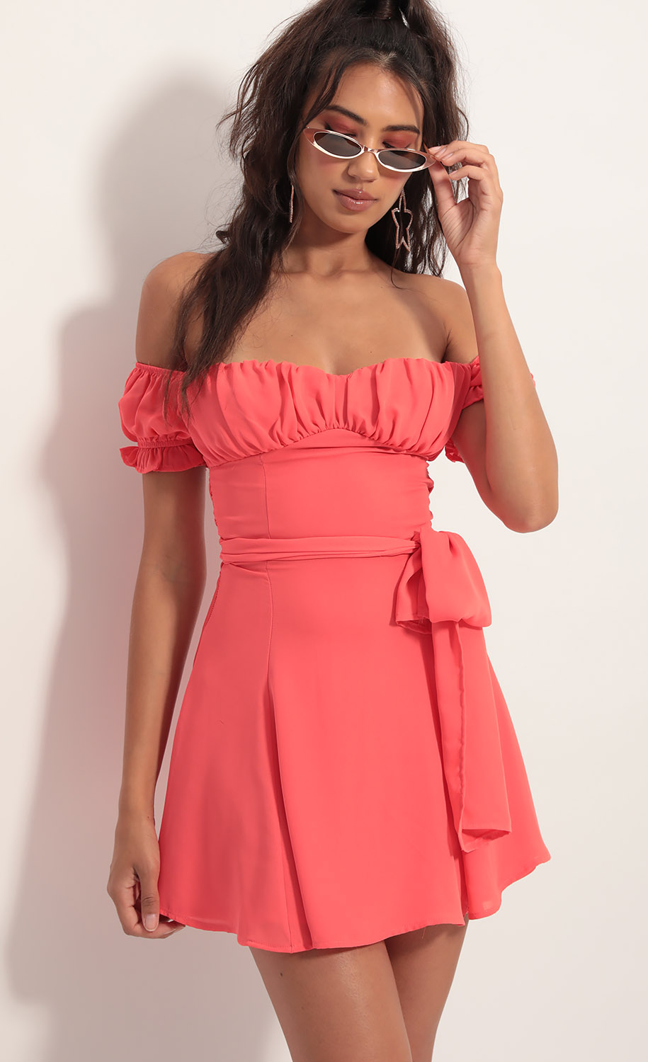 Party dresses > Marnie Ruched Wrap Tie Dress in Coral Red