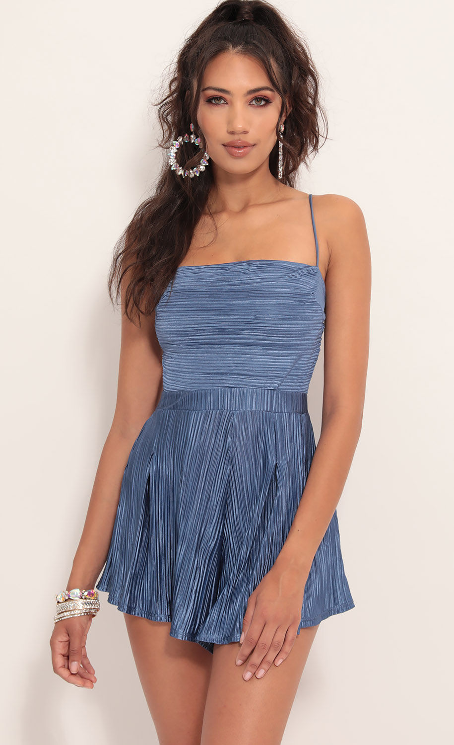 Bella Pleated Satin Romper In Palace Blue