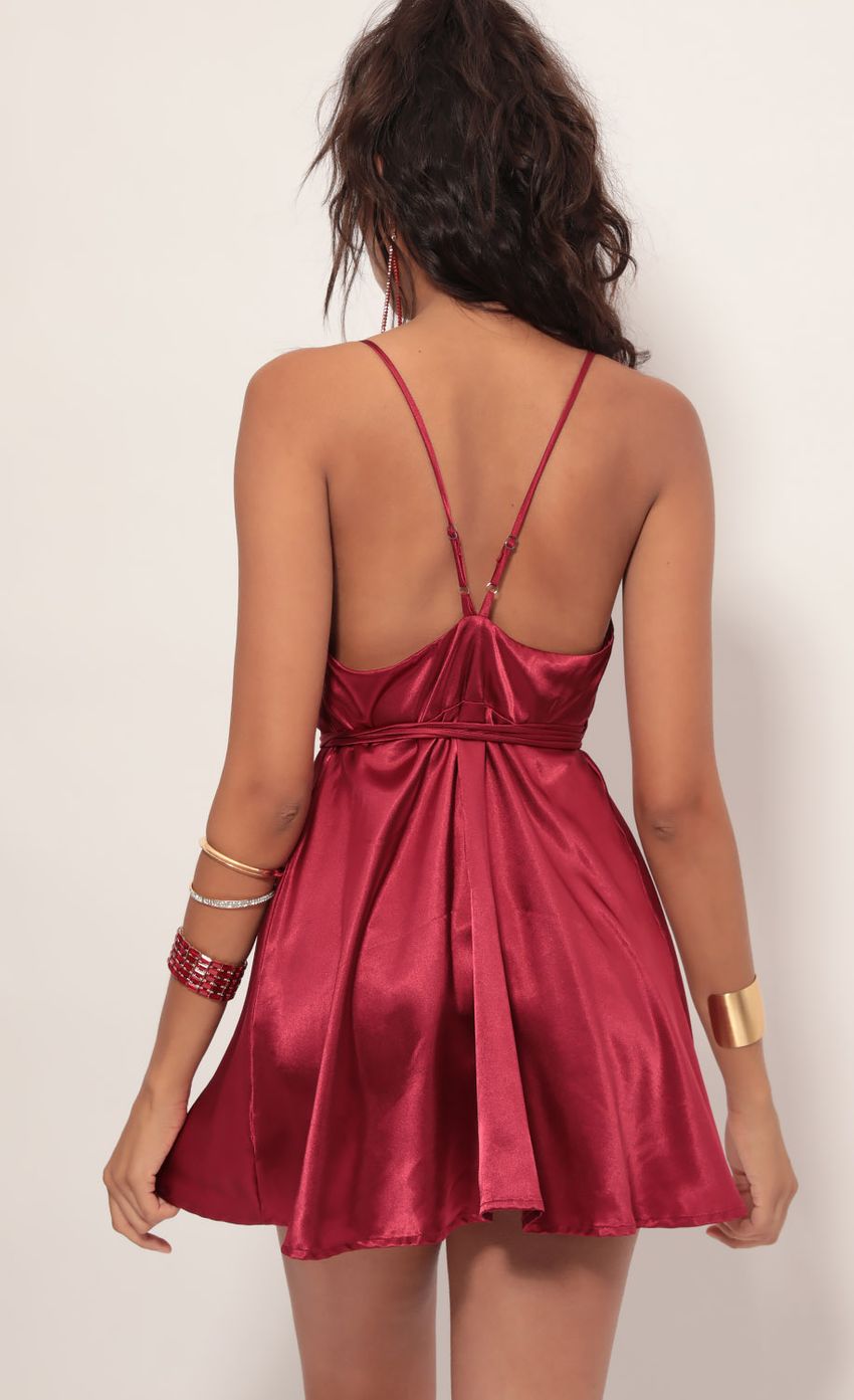 Picture Charlotte Satin A-Line Dress in Merlot. Source: https://media.lucyinthesky.com/data/Jul19_2/850xAUTO/781A3123.JPG