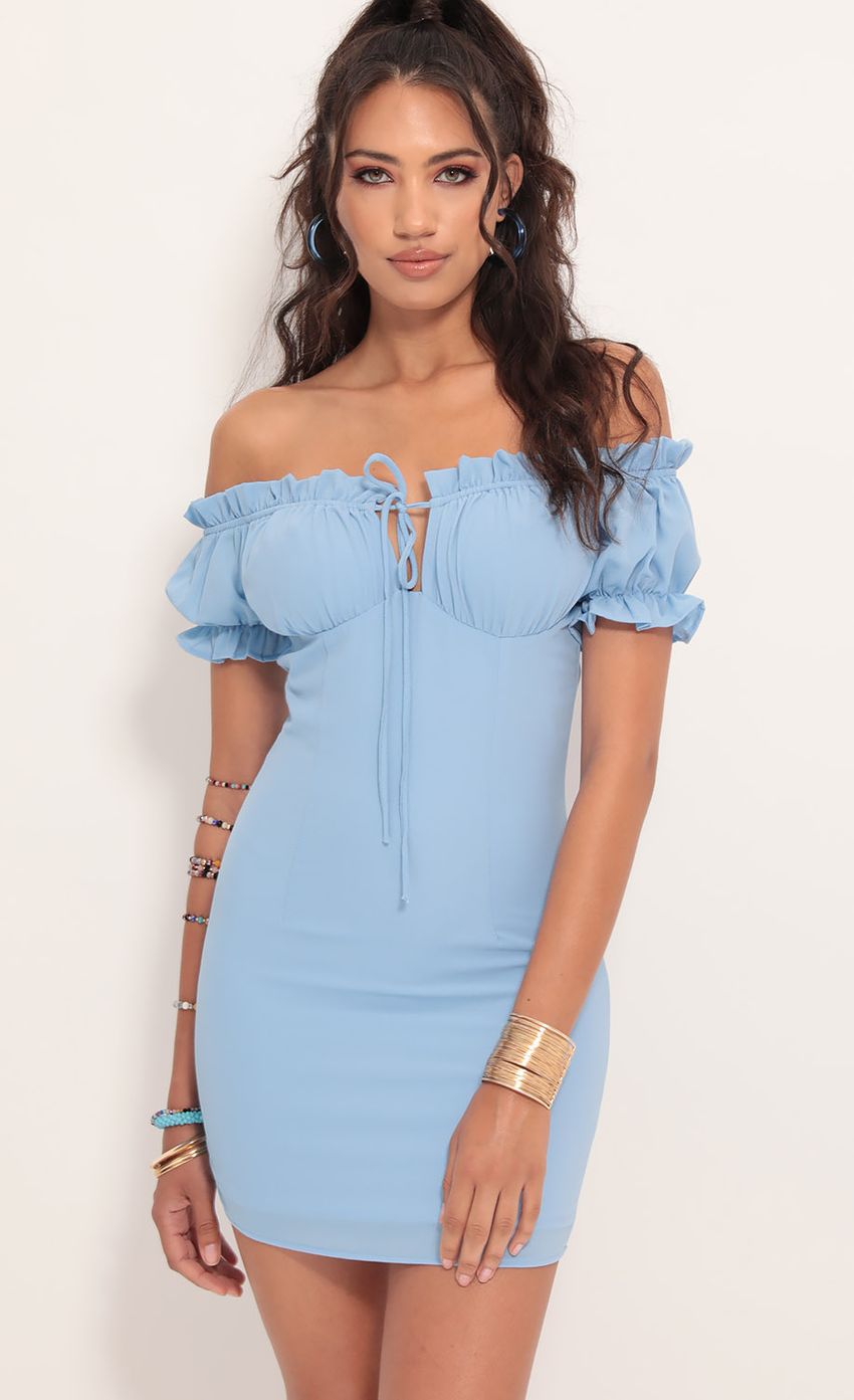 Picture Mallory Puff Sleeve Dress in Blue. Source: https://media.lucyinthesky.com/data/Jul19_2/850xAUTO/781A9092.JPG