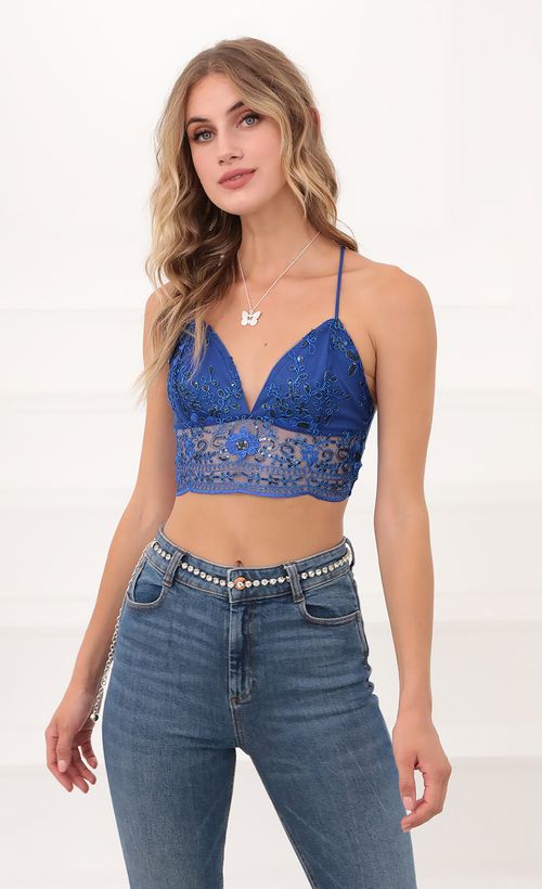 Picture Haven Blue Sequin Lace Crop Top. Source: https://media.lucyinthesky.com/data/Jul20_1/500xAUTO/781A9546.JPG