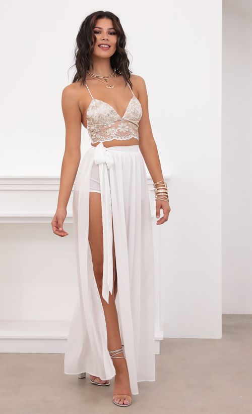 Picture Tahiti Lace Chiffon Maxi Set in White Gold. Source: https://media.lucyinthesky.com/data/Jul20_2/500xAUTO/781A0421.JPG