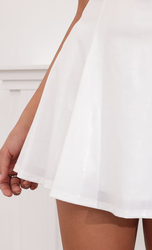Picture Fabienne Ruched A-line Dress in Glossy White. Source: https://media.lucyinthesky.com/data/Jul20_2/500xAUTO/781A3987.JPG