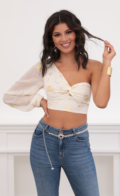 Picture Jasmine Puff Sleeve Chiffon Top in White and Gold. Source: https://media.lucyinthesky.com/data/Jul20_2/500xAUTO/781A7449.JPG
