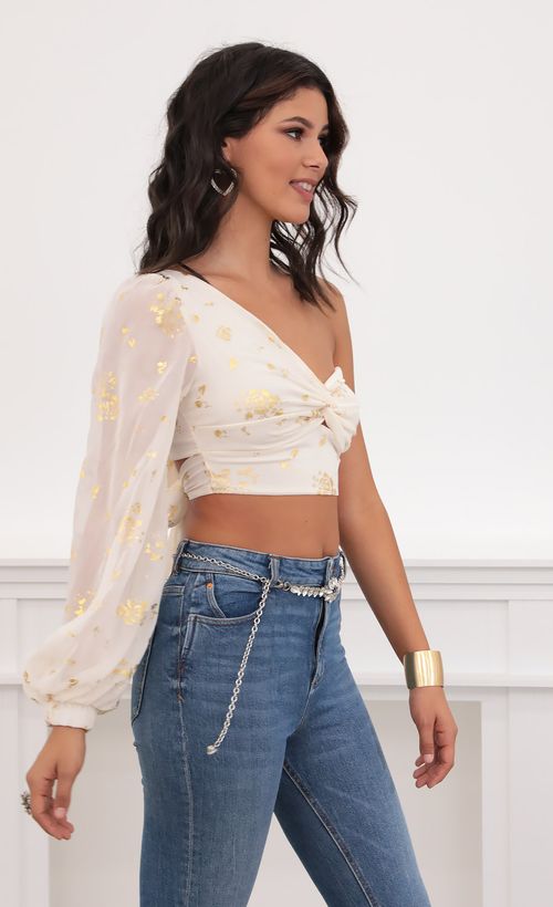 Picture Jasmine Puff Sleeve Chiffon Top in White and Gold. Source: https://media.lucyinthesky.com/data/Jul20_2/500xAUTO/781A7488.JPG