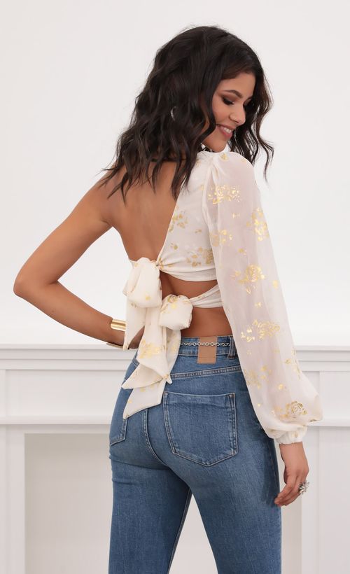 Picture Jasmine Puff Sleeve Chiffon Top in White and Gold. Source: https://media.lucyinthesky.com/data/Jul20_2/500xAUTO/781A7538.JPG