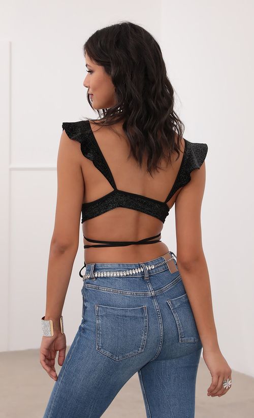 Picture Madison Ruffle Crop Top in Black Velvet. Source: https://media.lucyinthesky.com/data/Jul20_2/500xAUTO/781A7938.JPG