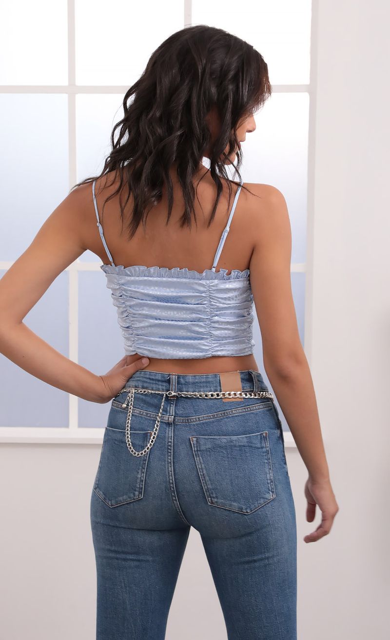 Picture Janelle Crop Top in Blue Dotted Satin. Source: https://media.lucyinthesky.com/data/Jul20_2/800xAUTO/781A8909.JPG