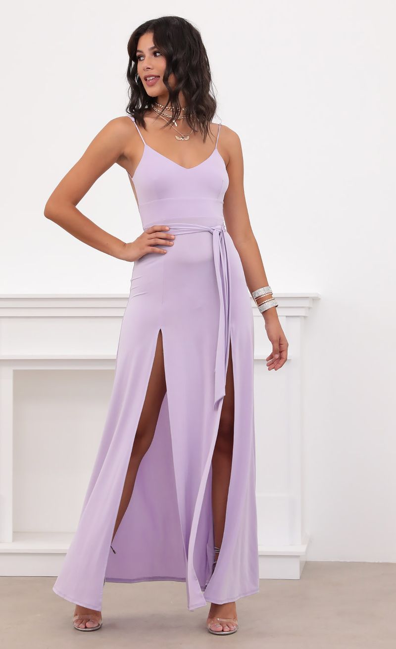 Picture Milan Satin Tie Maxi in Lilac. Source: https://media.lucyinthesky.com/data/Jul20_2/800xAUTO/781A9371.JPG
