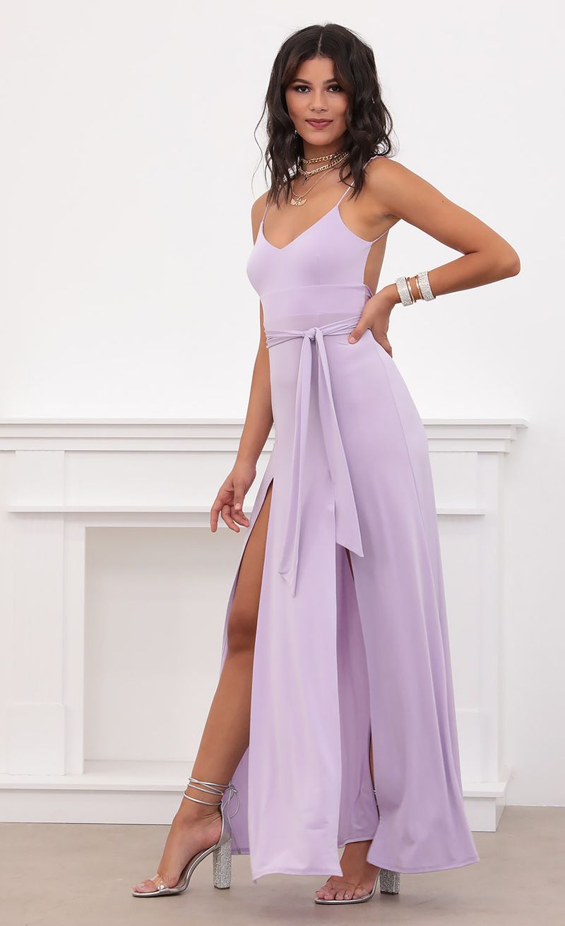 Picture Milan Satin Tie Maxi in Lilac. Source: https://media.lucyinthesky.com/data/Jul20_2/800xAUTO/781A9390.JPG